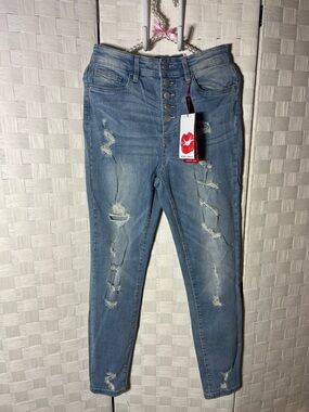 Women's Light Blue Distressed High-Rise Skinny Jeans